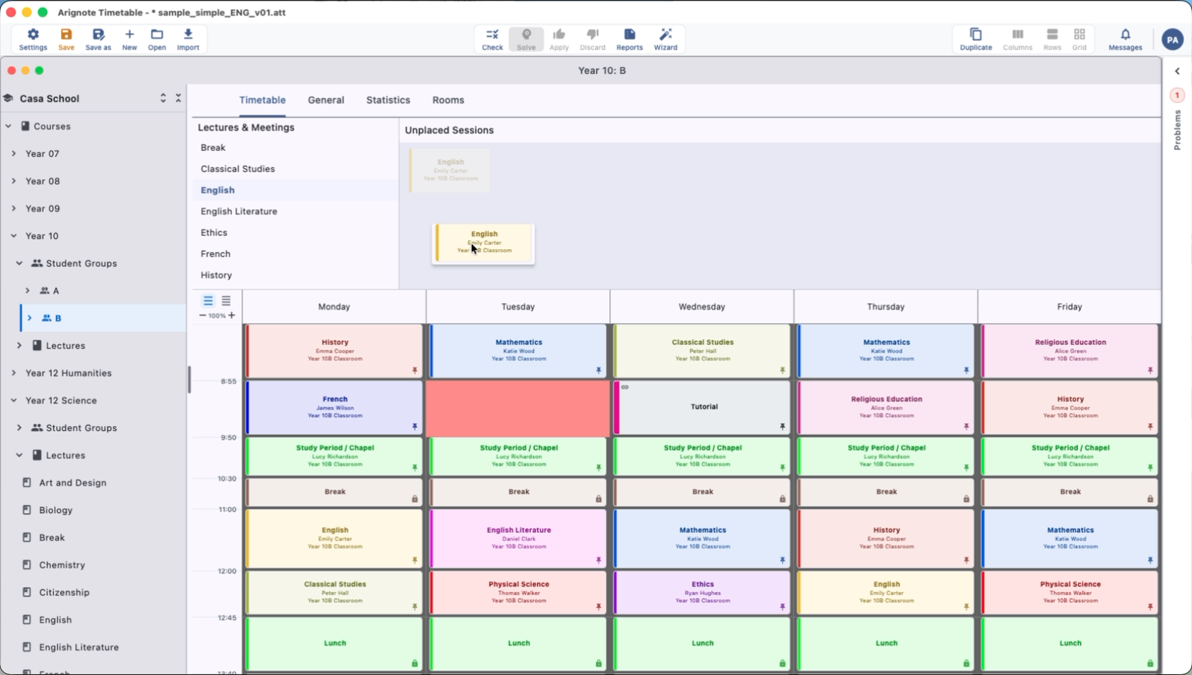 Arignote Timetable main view with weekly schedule