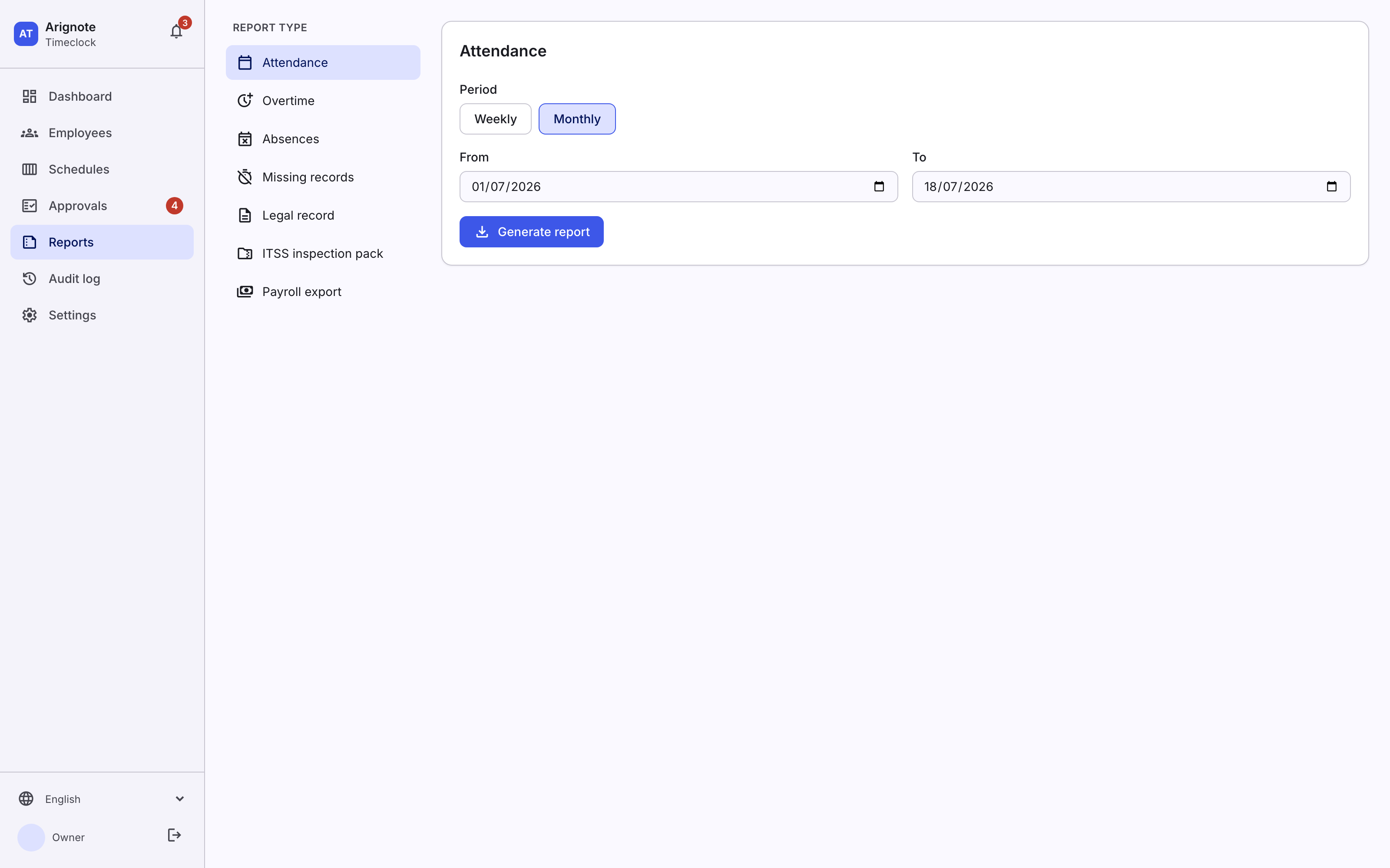 Reports and legal working-time records