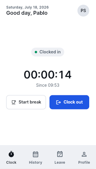 The staff view after clocking in — worked time at a glance