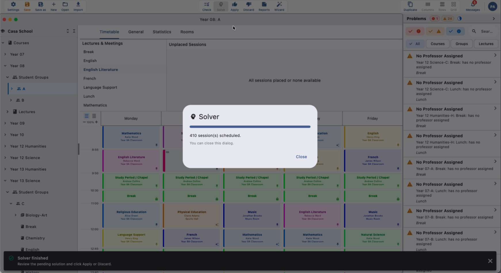 Solver progress showing sessions being placed