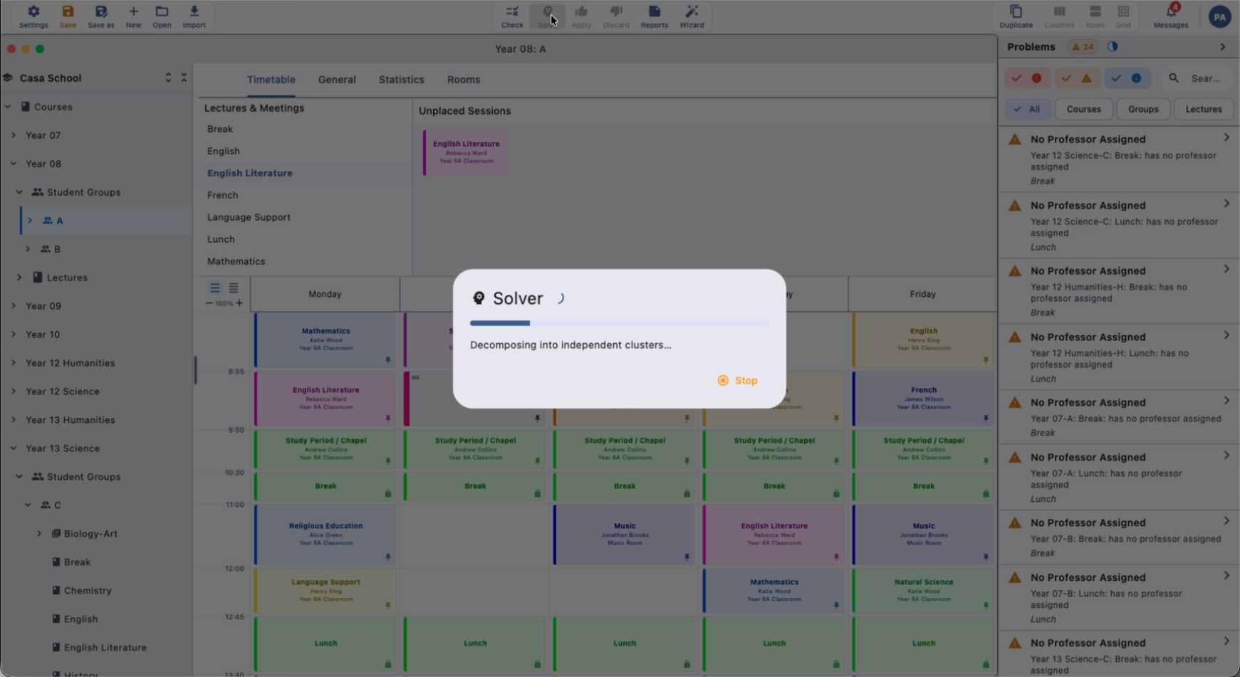 Solver running with the timetable filling in