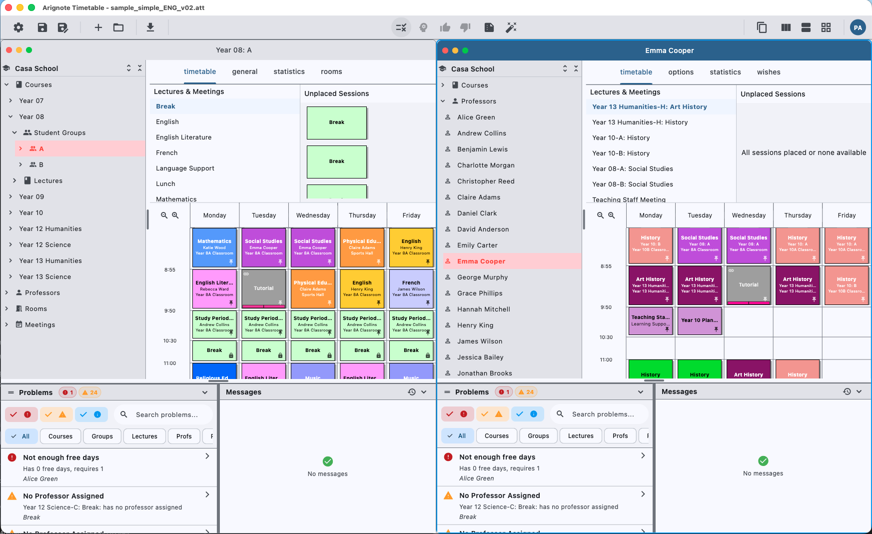 School setup: professors, rooms and courses