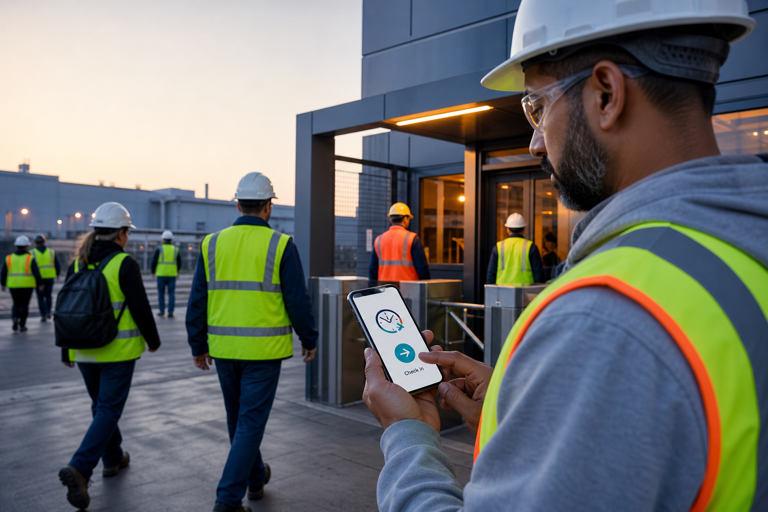 Employees clocking in at an industrial site using kiosk mode